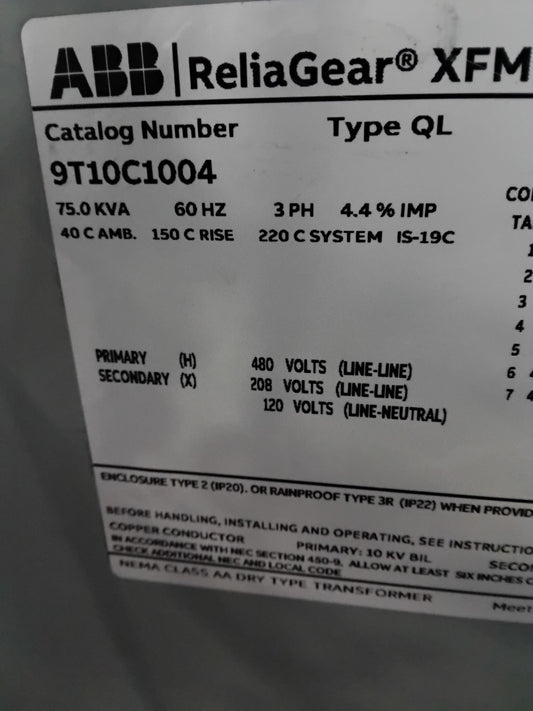 ABB ReliaGear XFMR Transformer 9T10C1004 480V to 208/120V