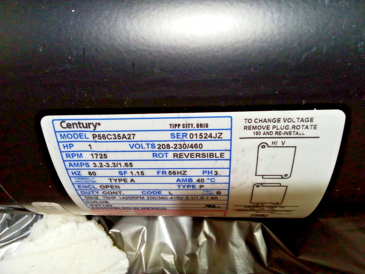 Century P56C35A27 1HP Electric Motor 208-230/460V 3PH 1725RPM Frame 56HZ Reversi