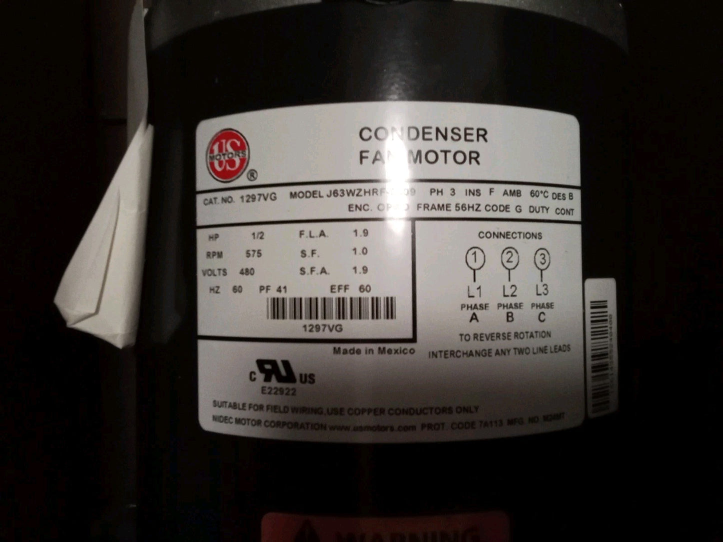 US Motors Nidec Condenser Motor 1279VG