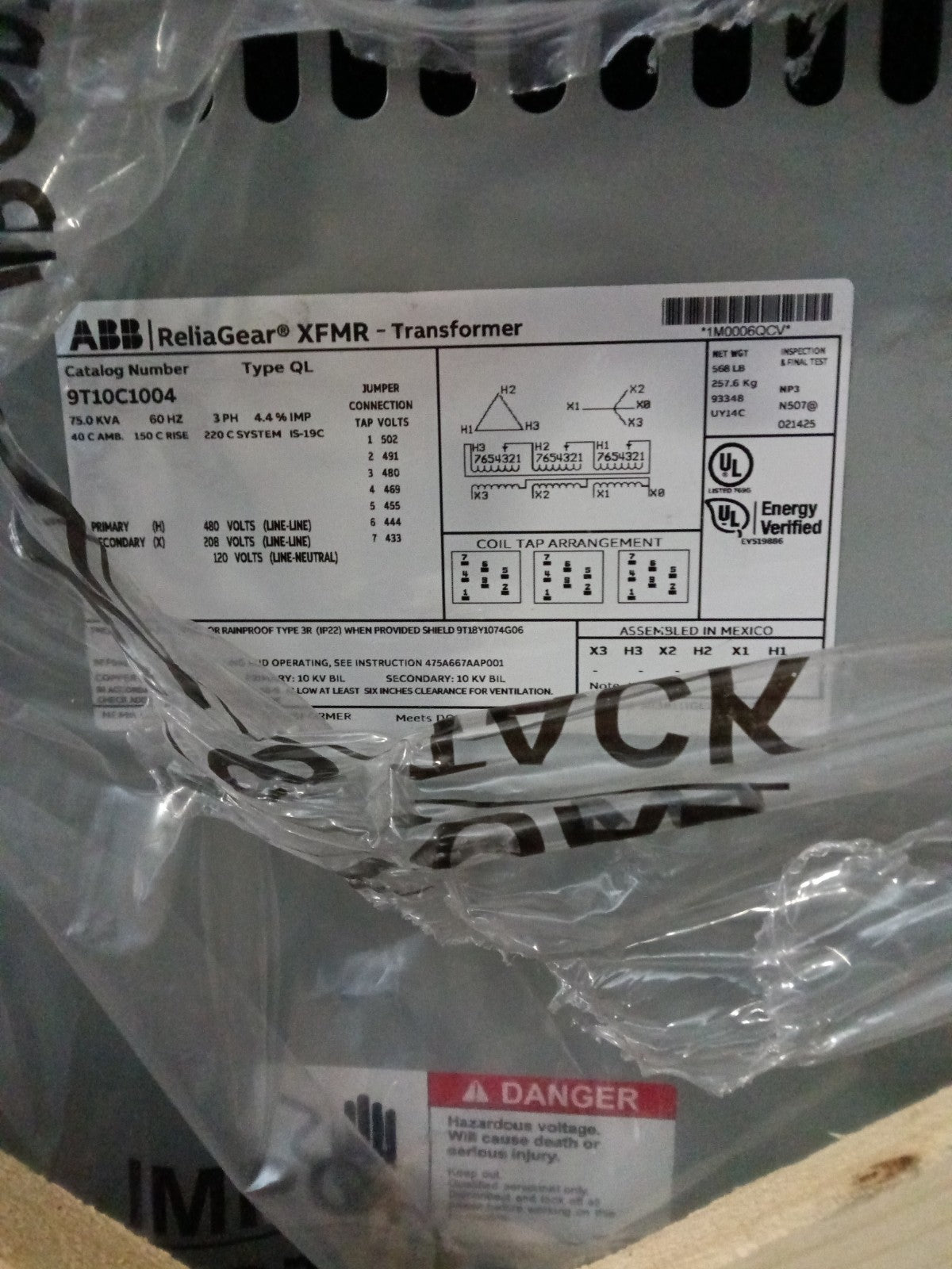 ABB ReliaGear XFMR Transformer 9T10C1004 480V to 208/120V
