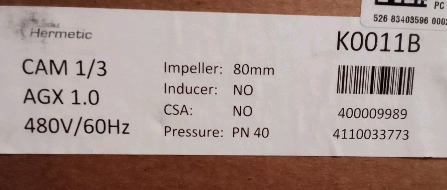 LEDERLE HERMETIC AMMONIA NH3 PUMP CAM1/3 K0011B AGX1.0 480V / 60Hz 130MM IMP.