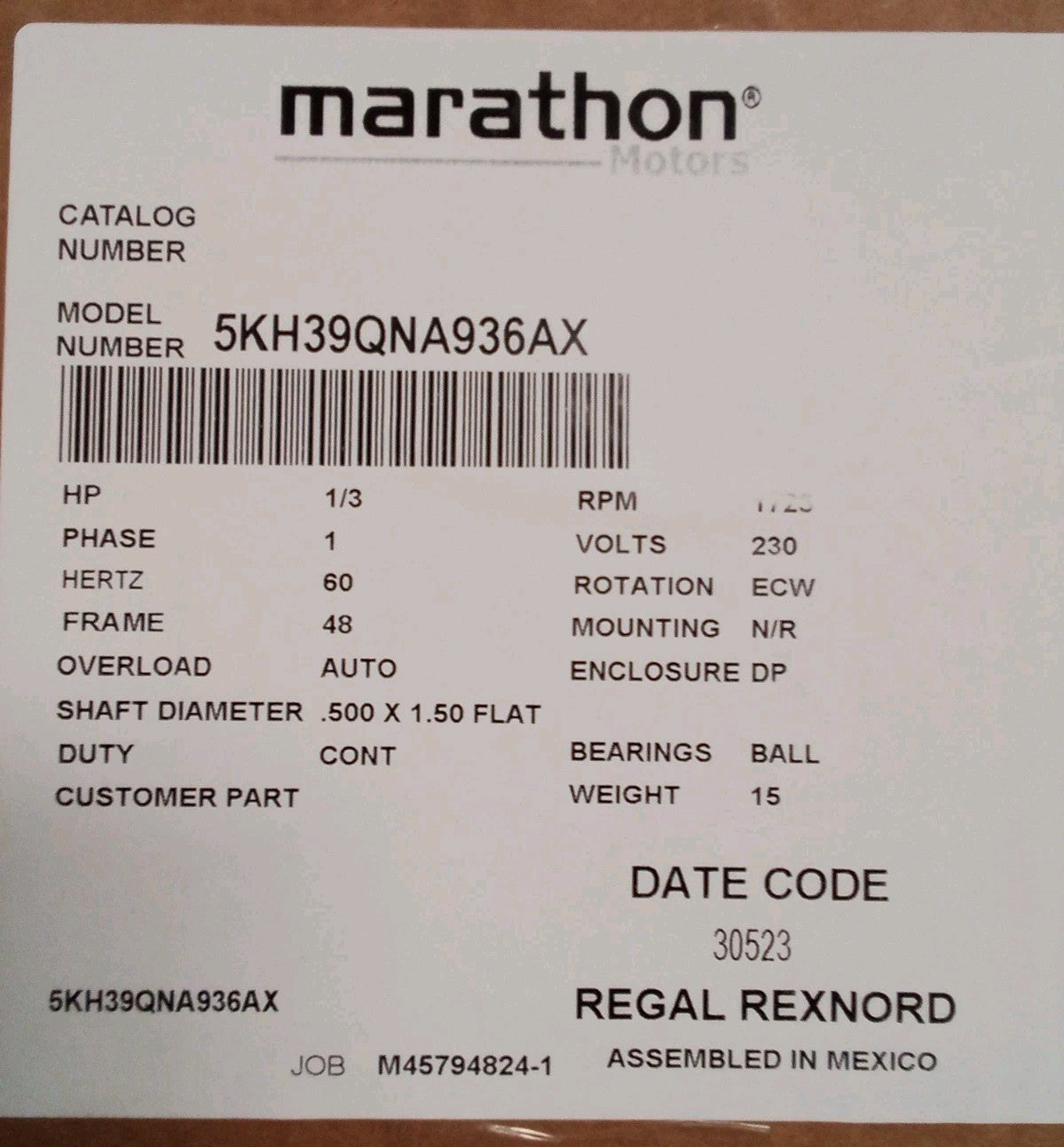 MARATHON MOTORS A/C Motor Model 5KH39QNA936AX- 1/3HP-230V-Phase 1 - New