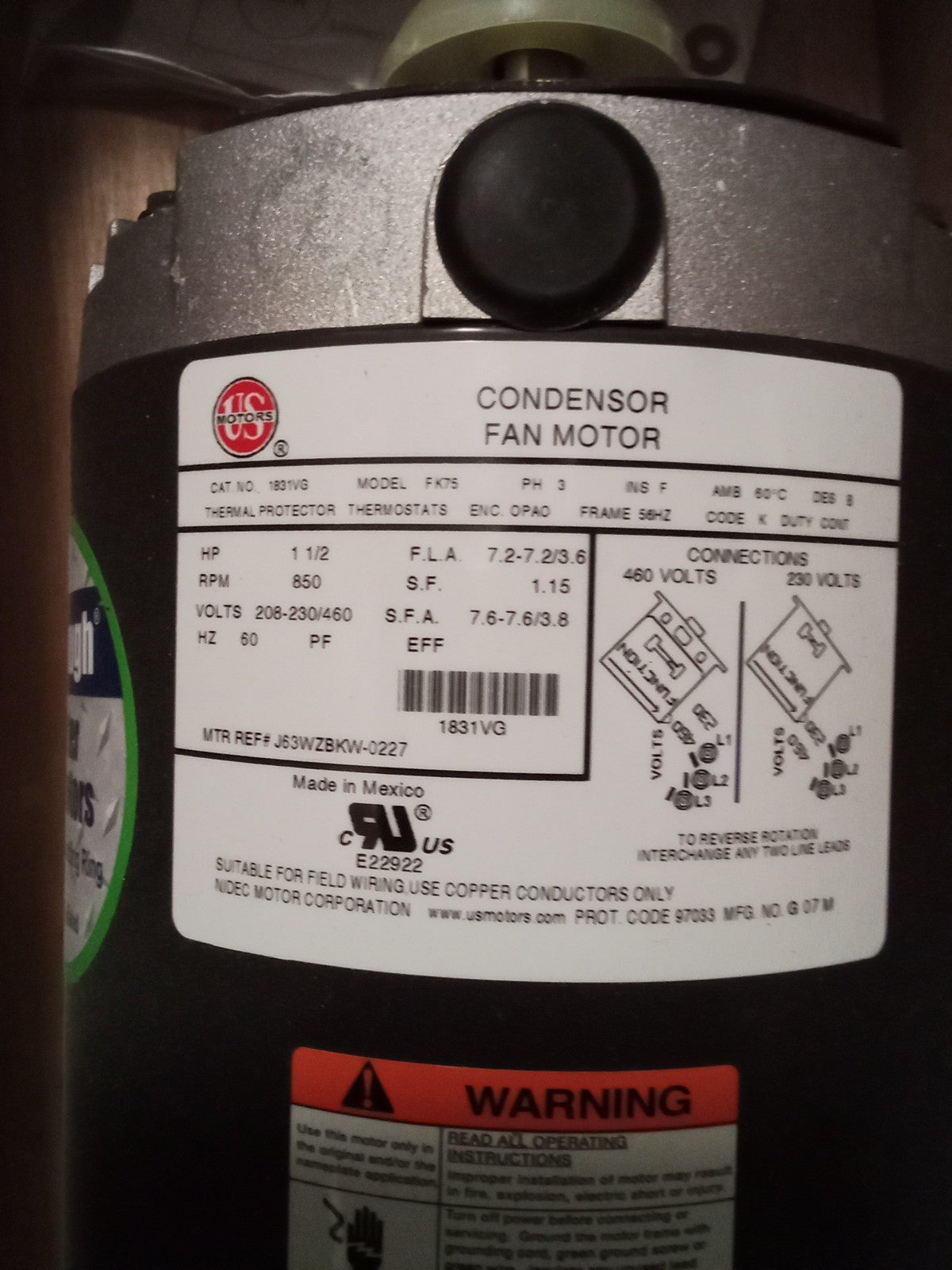 US Motors Nidec Condenser Motor 1831VG