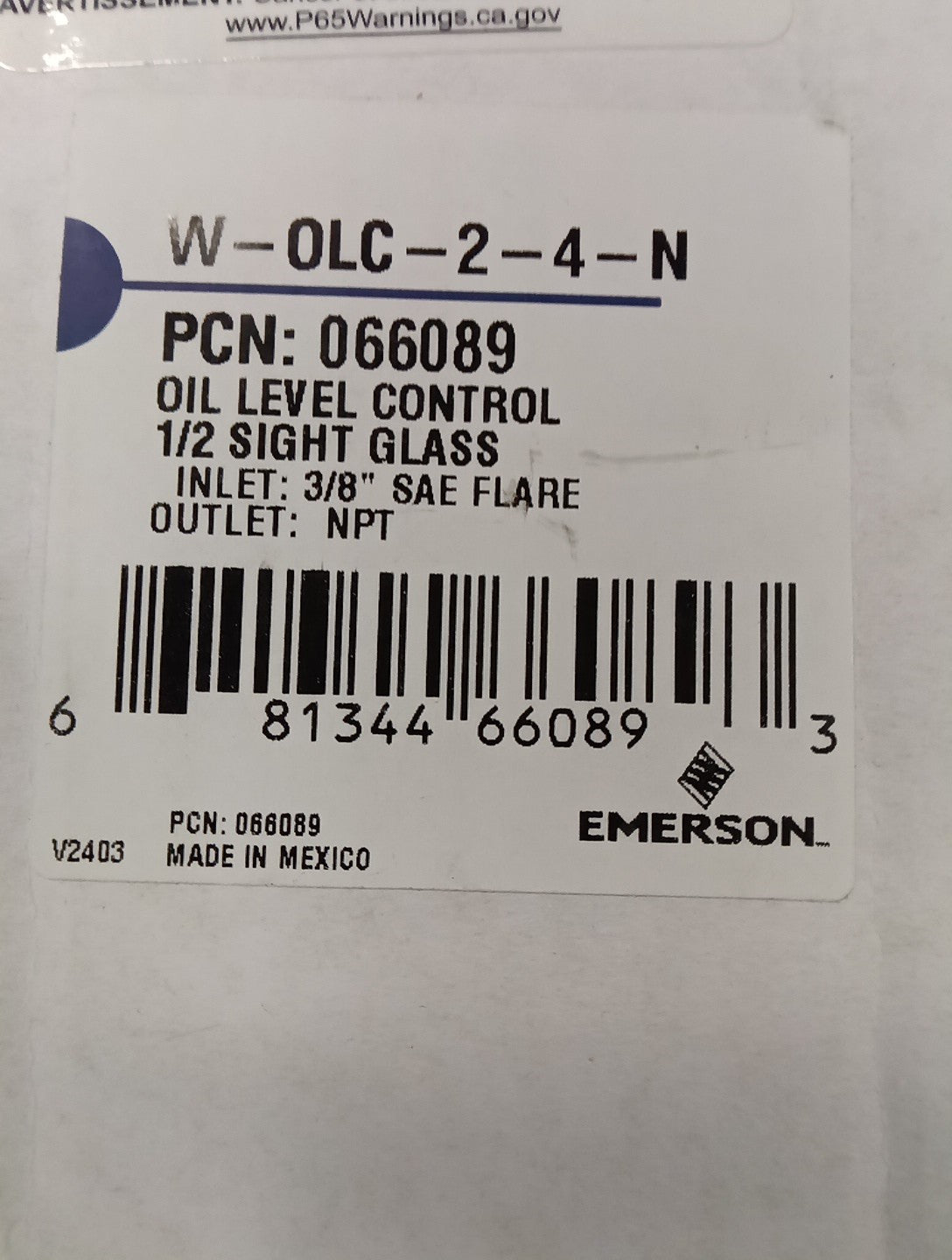 Emerson Alco Oil Level Regulator 1/2 SIGHT GLASS Valve 3/8" Flare W-OLF-2-4 N