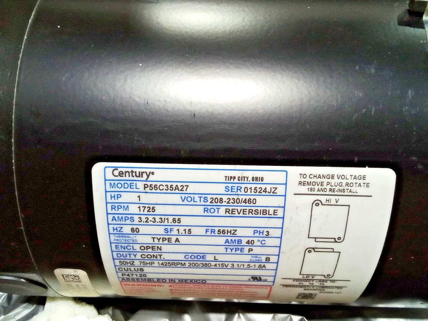 Century P56C35A27 1HP Electric Motor 208-230/460V 3PH 1725RPM Frame 56HZ Reversi