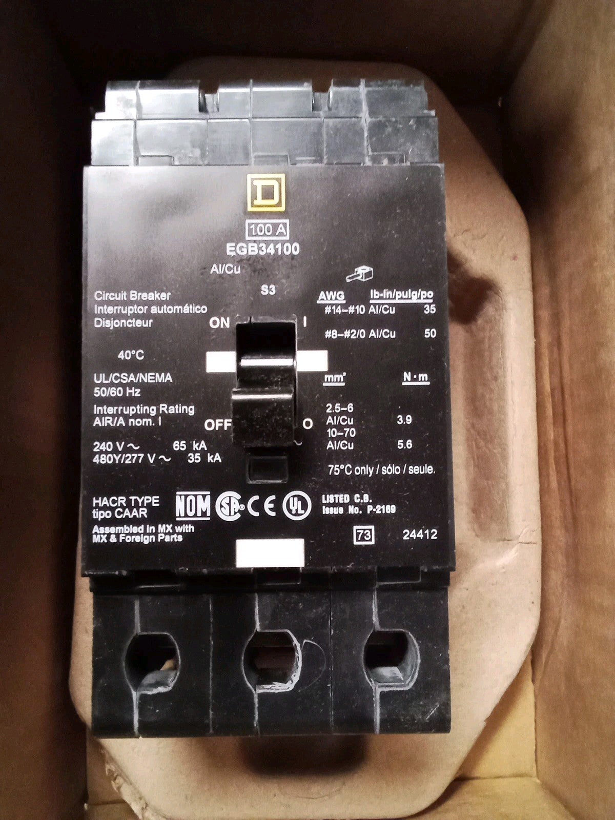 EGB34100 Square D 100 Amp 480V 3 Pole Circuit Breaker Brand New