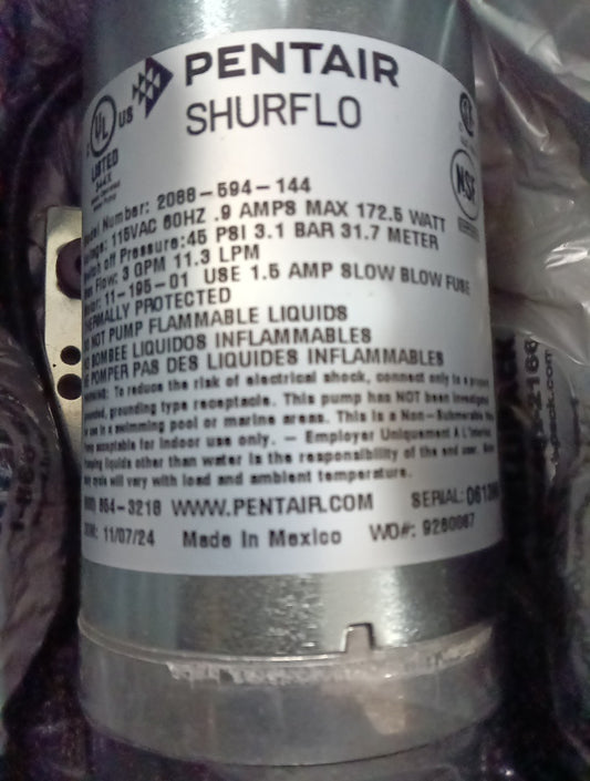 Pentair 2088-594-144 SHURflo Diaphragm Pump, 3.0GPM, 130°F, 1/2in NPS, 115VAC