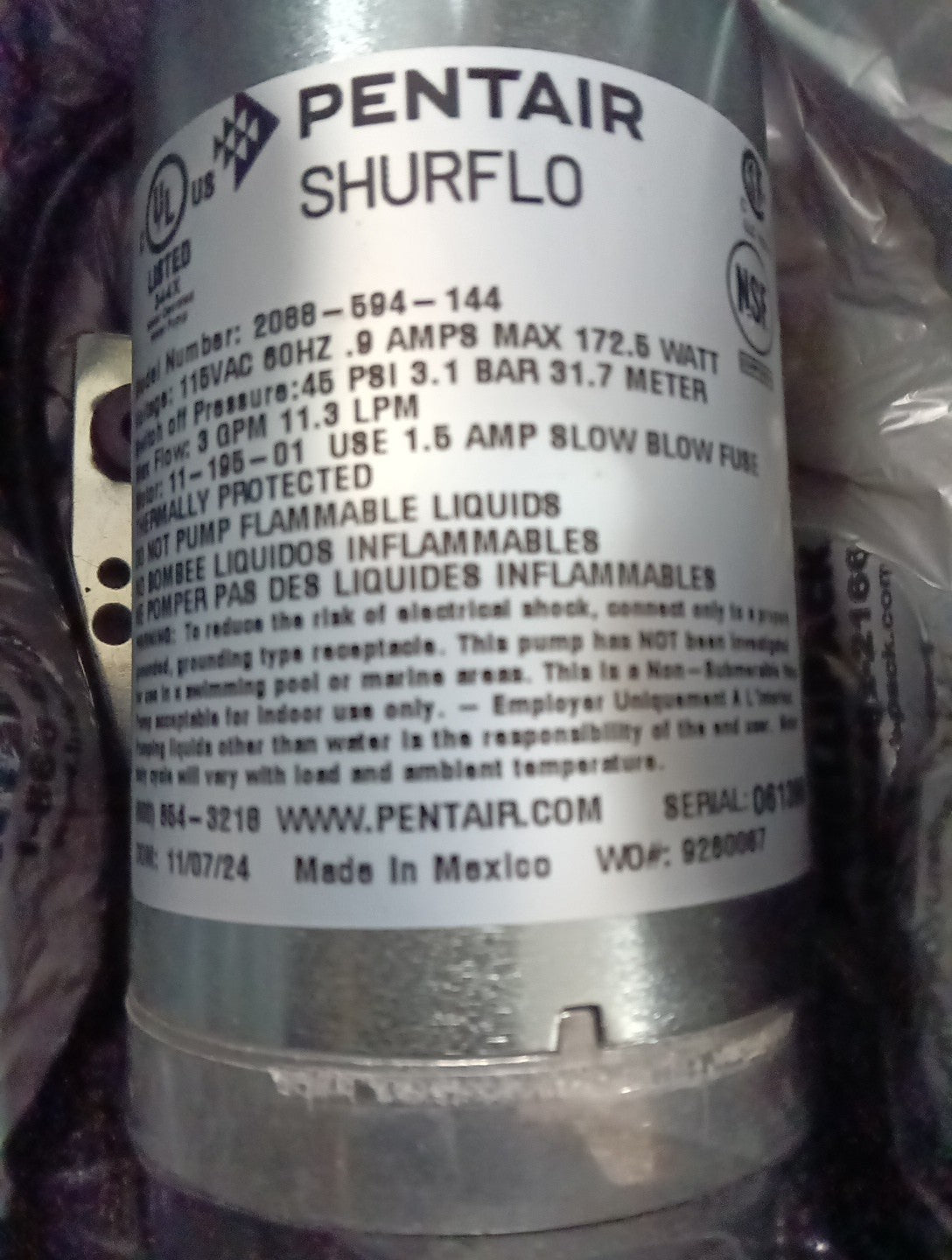 Pentair 2088-594-144 SHURflo Diaphragm Pump, 3.0GPM, 130°F, 1/2in NPS, 115VAC