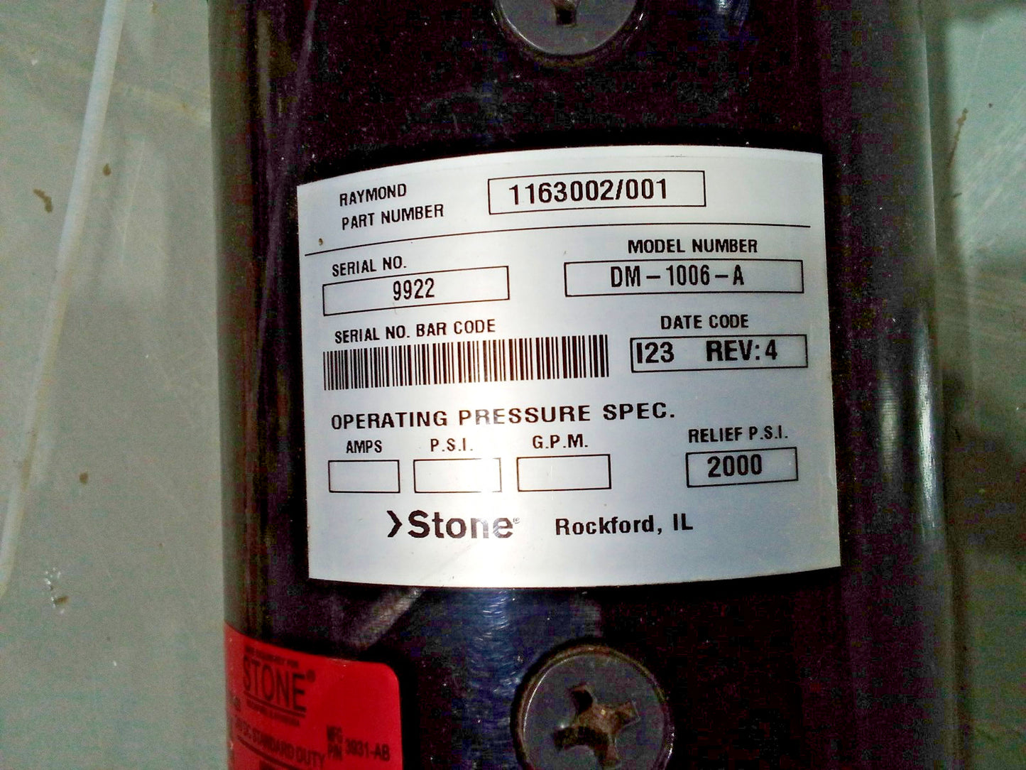 Stone DM-1006-A 24VDC Hydraulic Motor Pump Assembly Raymond 1163002/001 2000 PSI