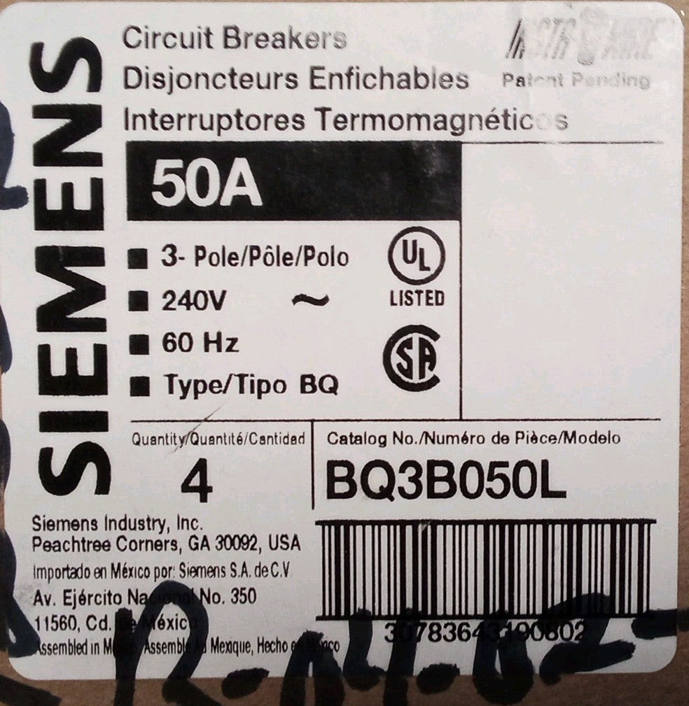 Siemens BQ3B050L  50 amp 3 pole breaker
