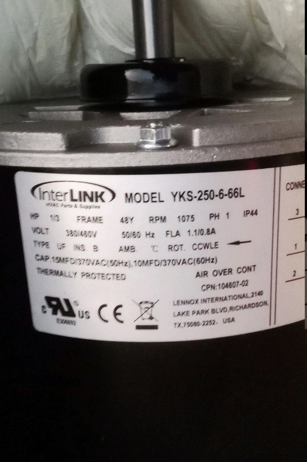 NEW Lennox 14Y70 1/3 hp condenser Fan Motor NEW IN BOX YKS-250-6-66L,  1075 RPM