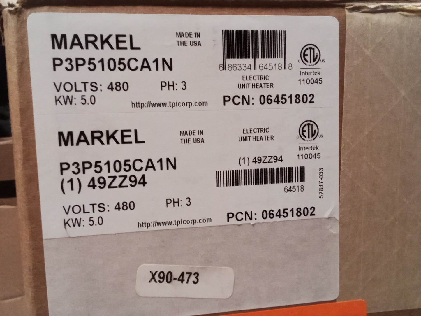 Markel Products 5105Cainp3p Fan Forced Electric Unit Heater, 3 Phase, 480V,