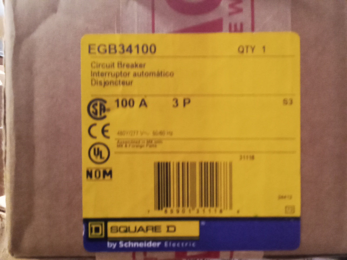 EGB34100 Square D 100 Amp 480V 3 Pole Circuit Breaker Brand New