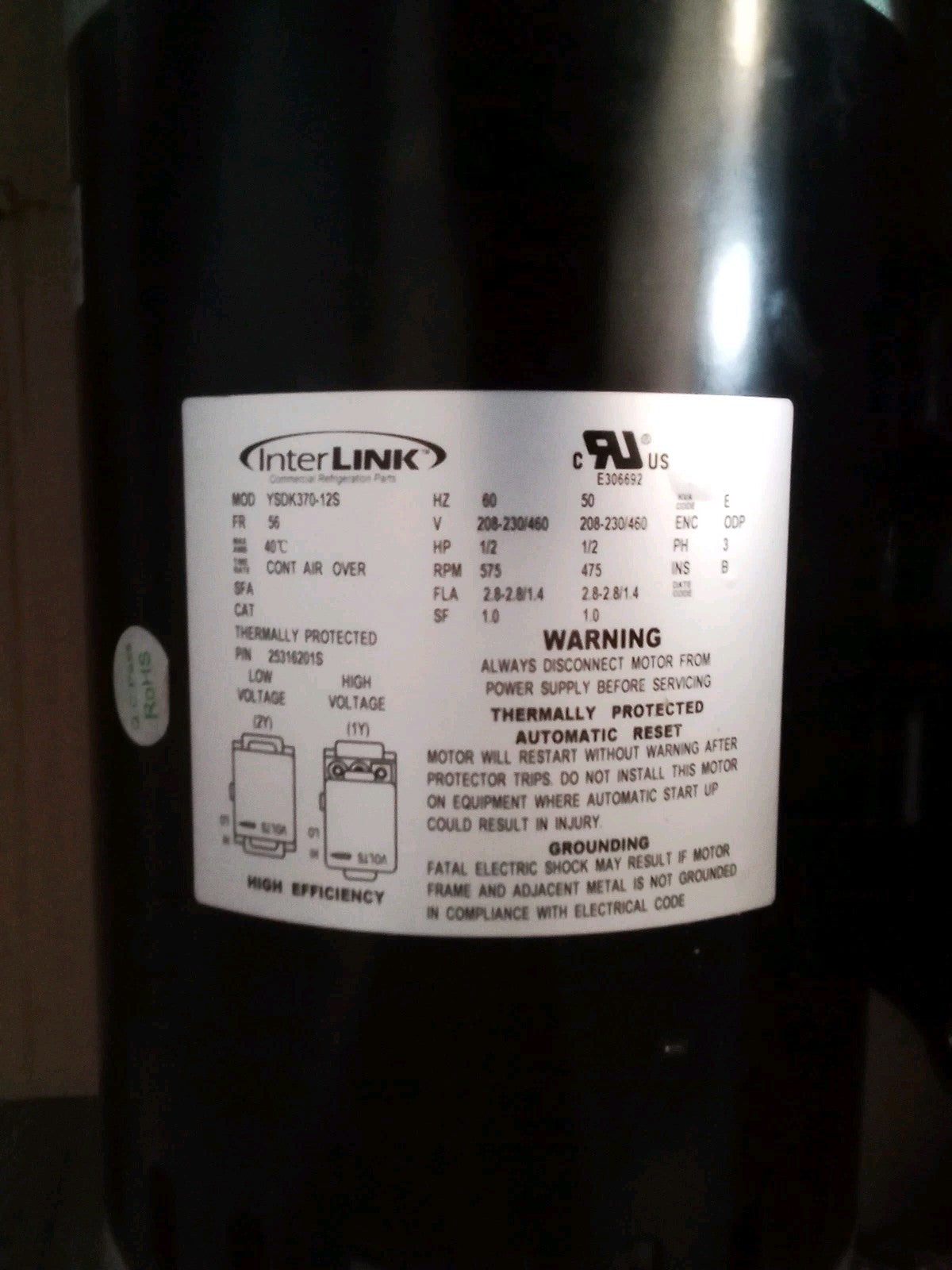 Heatcraft Interlink 3-Phase Refrigeration Fan Motor 25316201S